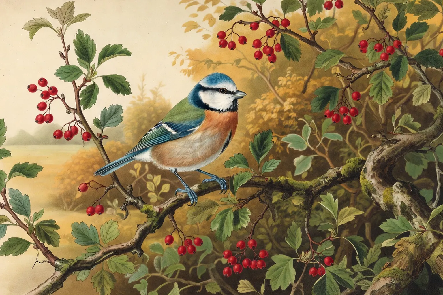 Mesange bleue europeenne sur une branche d'aubepine en fruit