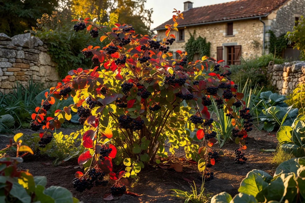 Aronia adulte de cinq ans en pleine production, baies noires brillantes en automne sous un soleil rasant