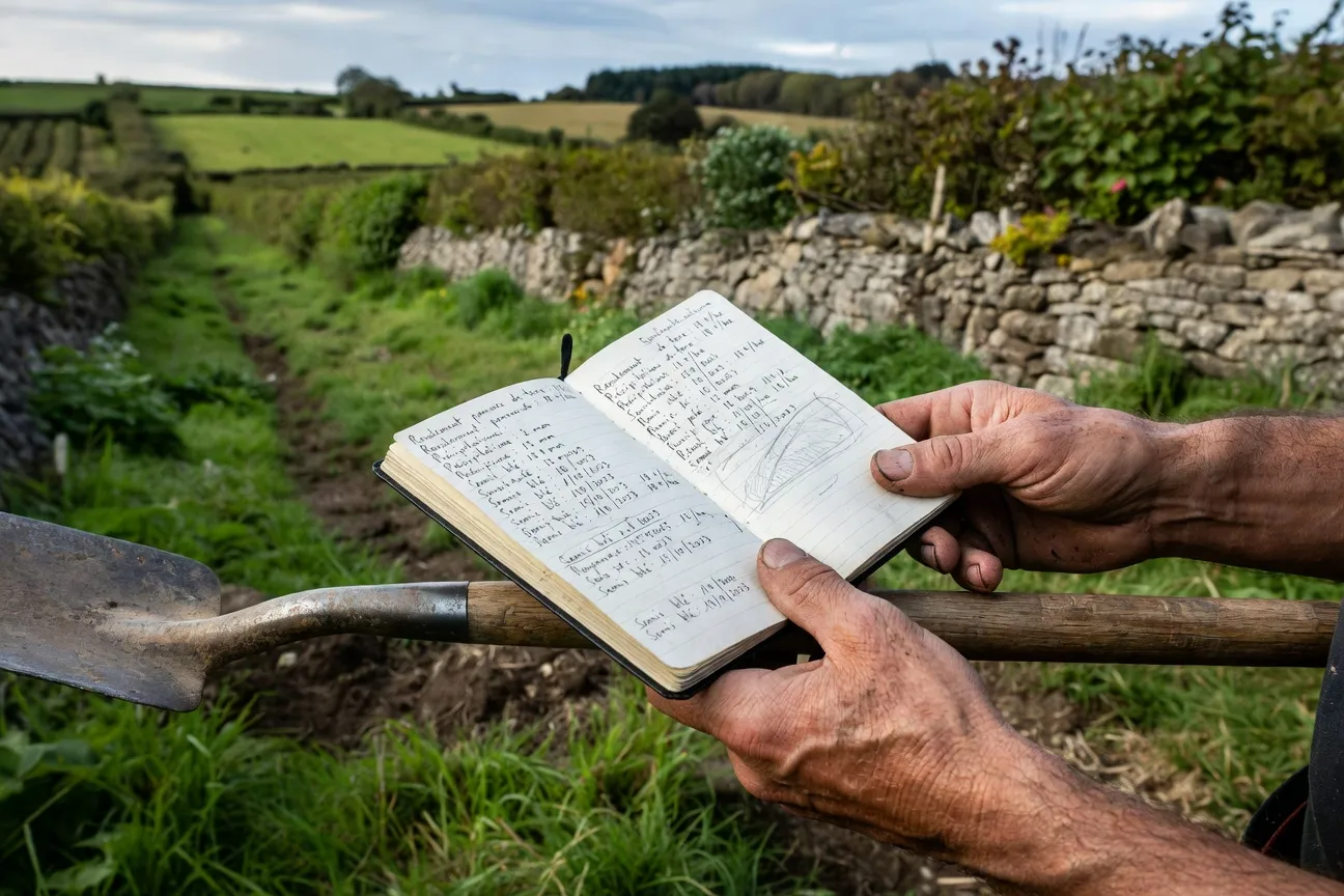 Mesure du linéaire bocager par GPS sur une parcelle agricole, carnet de relevés posé sur un manche d'outil