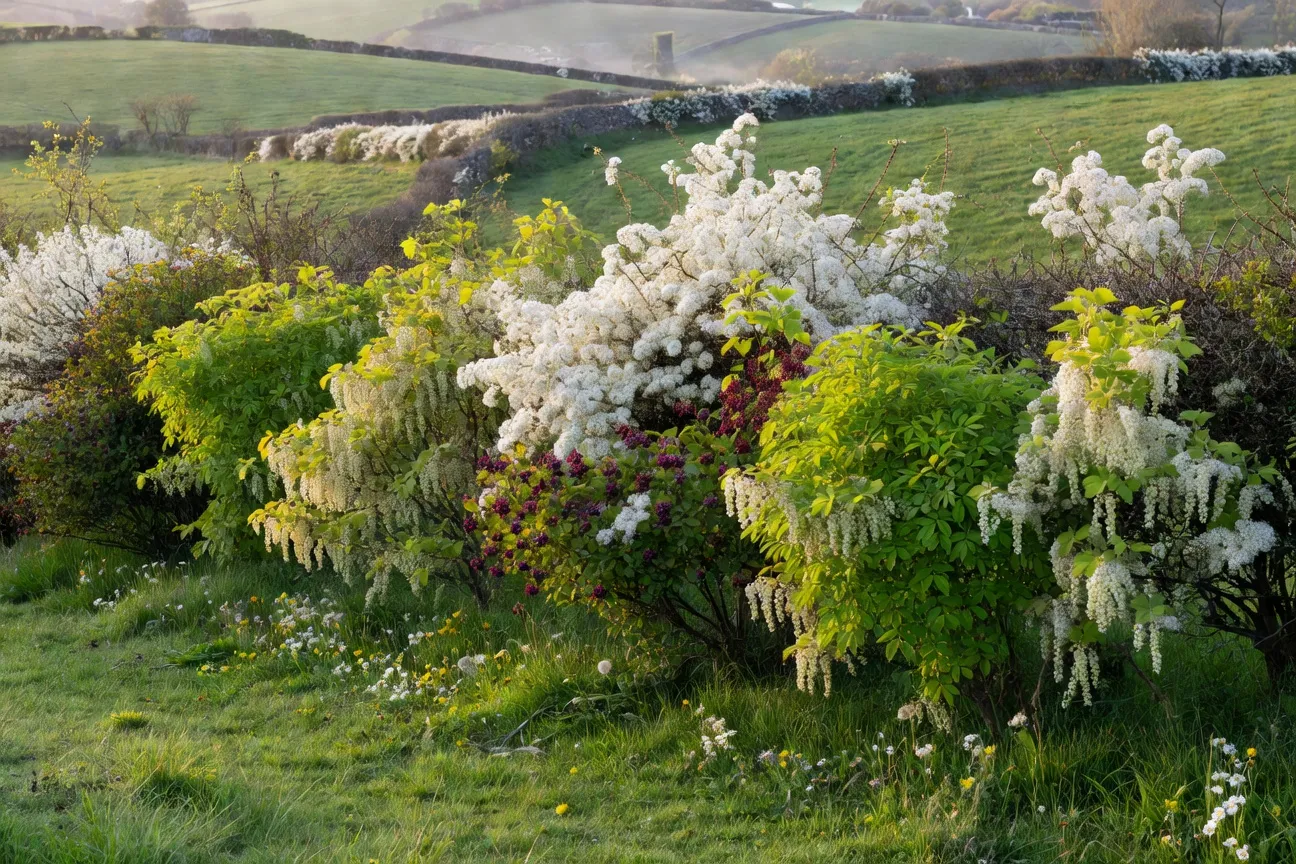 Haie champêtre composite avec arbustes fruitiers en fleur et essences feuillues, lumière de fin de printemps
