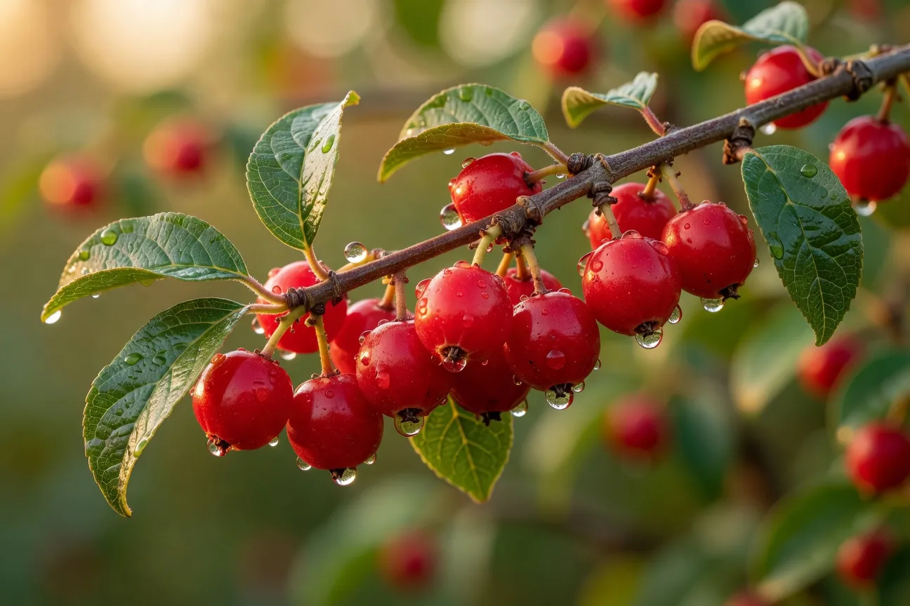 Détail d'un fruit de cornouiller mâle bien mûr, rouge écarlate, sur une branche aux feuilles vertes lustrées