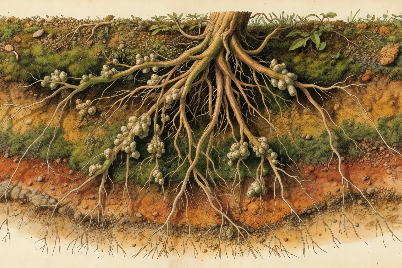 Systeme racinaire de goumi avec nodosites fixatrices d'azote