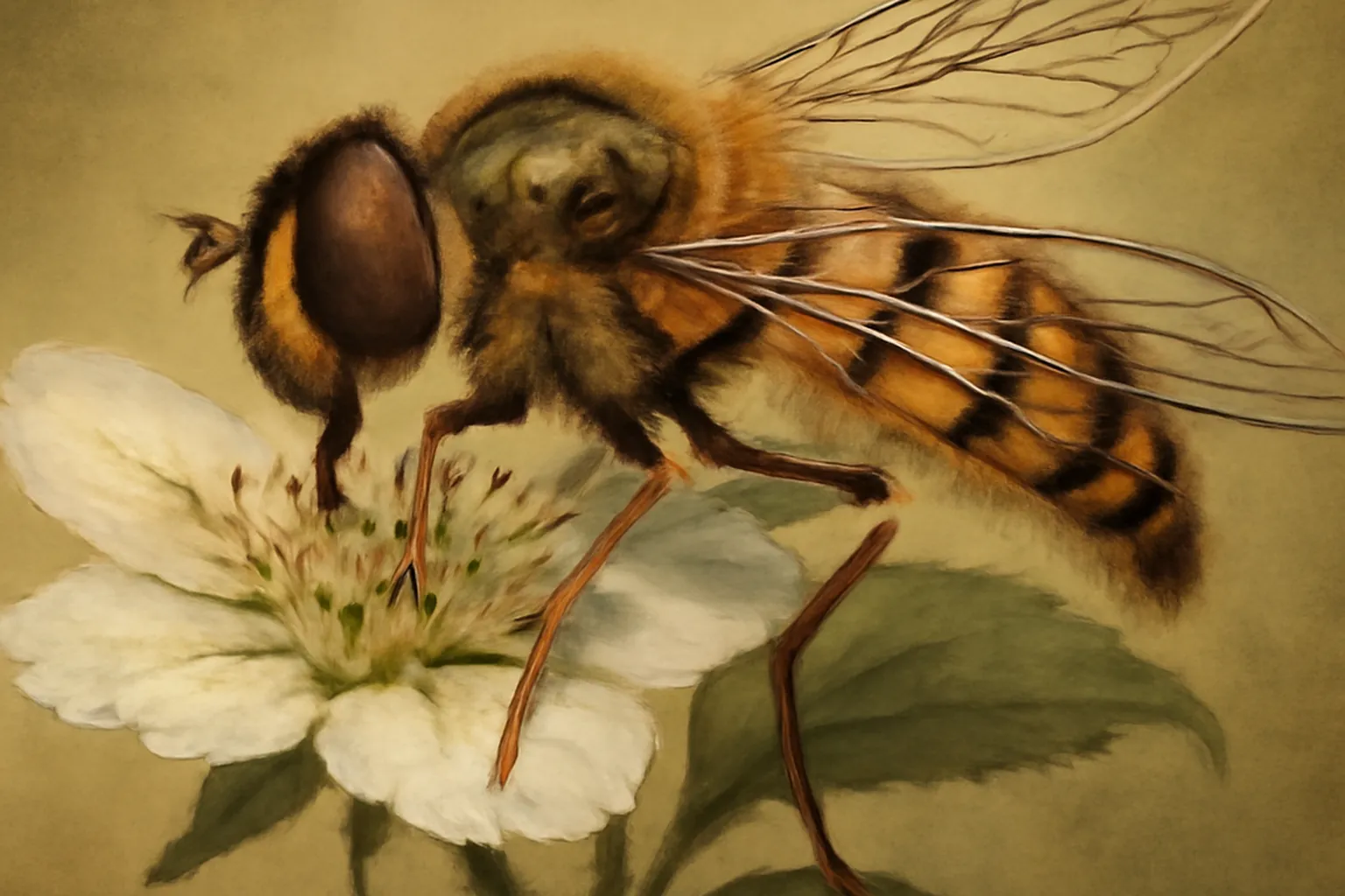 Syrphe en vol stationnaire sur une fleur de haie