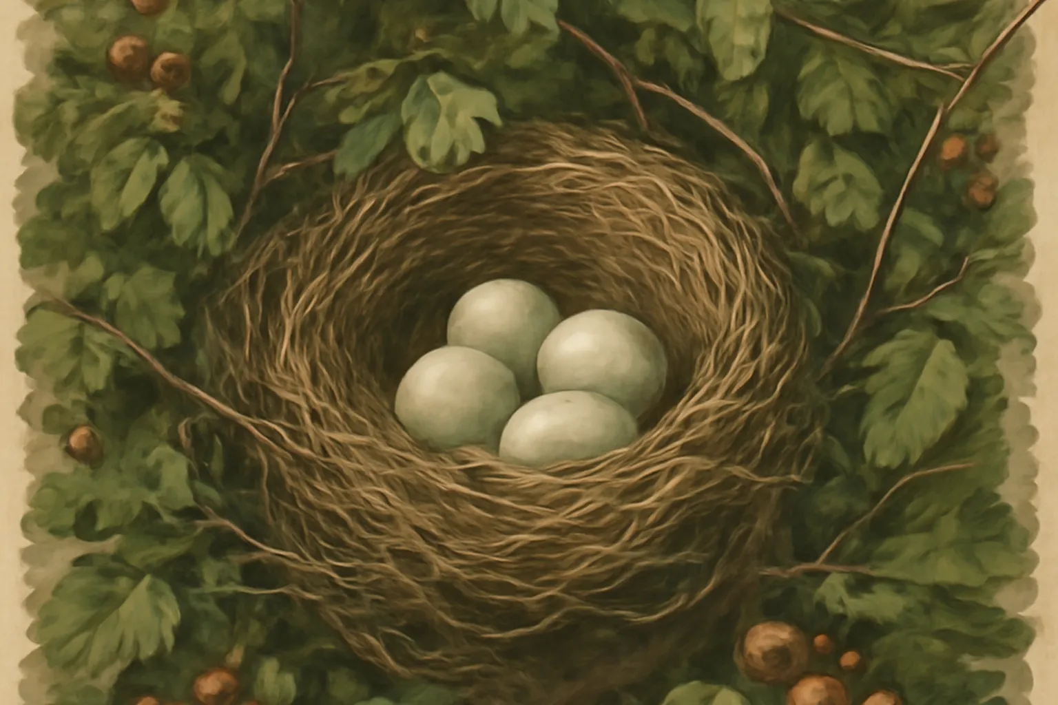 Nid d'oiseau dissimule dans une branche d'aubepine