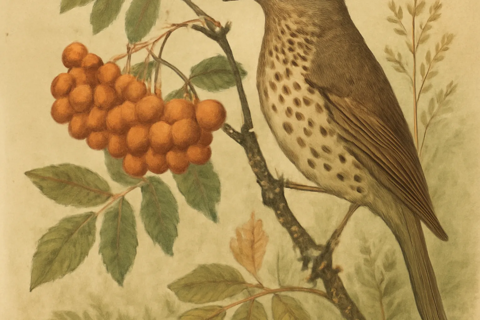 Grives se nourrissant des baies de sorbier en automne